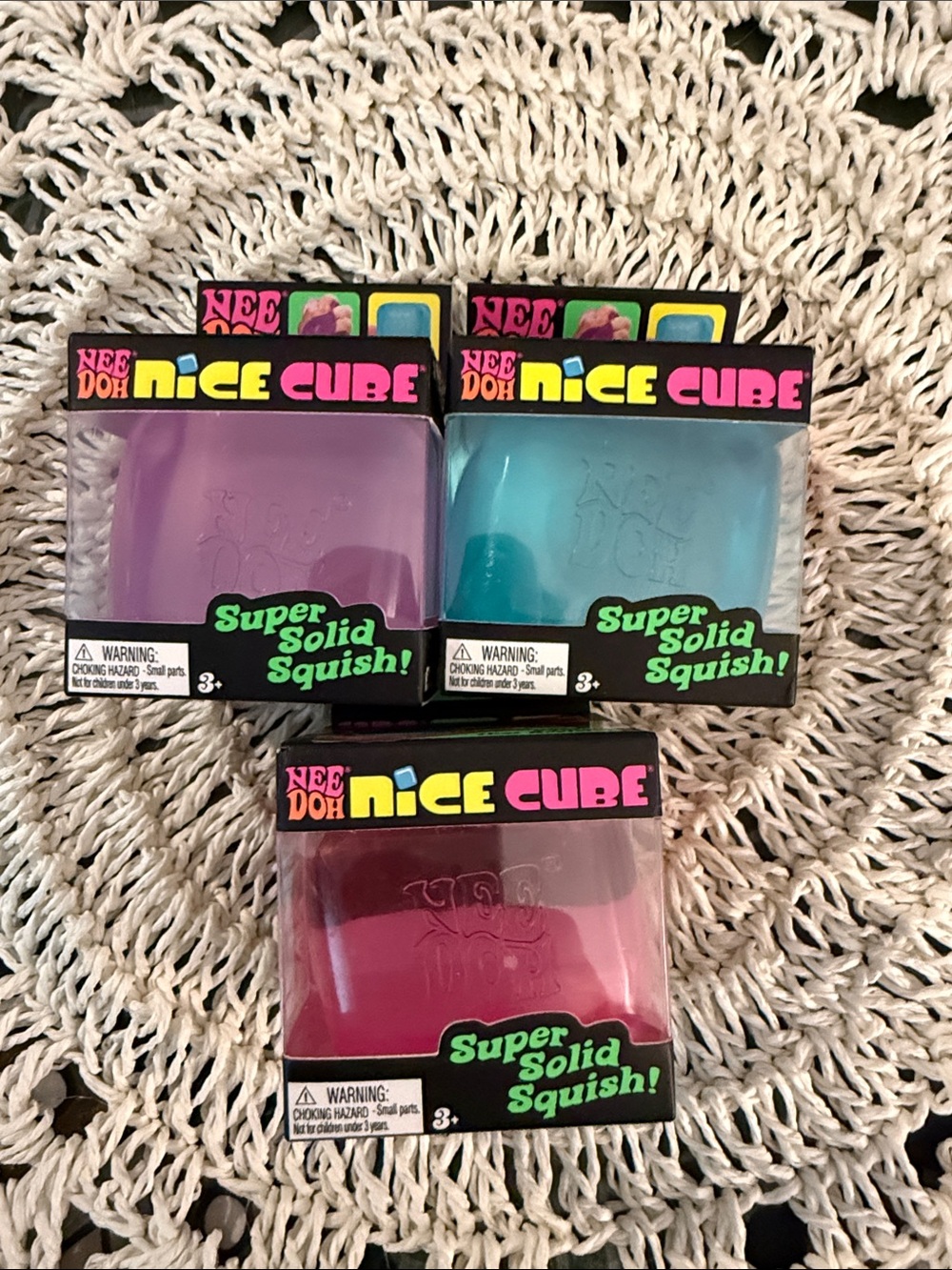 NeeDoh Nice Cube Super Solid Squish! - Purple, Blue, pink new in box set of 3